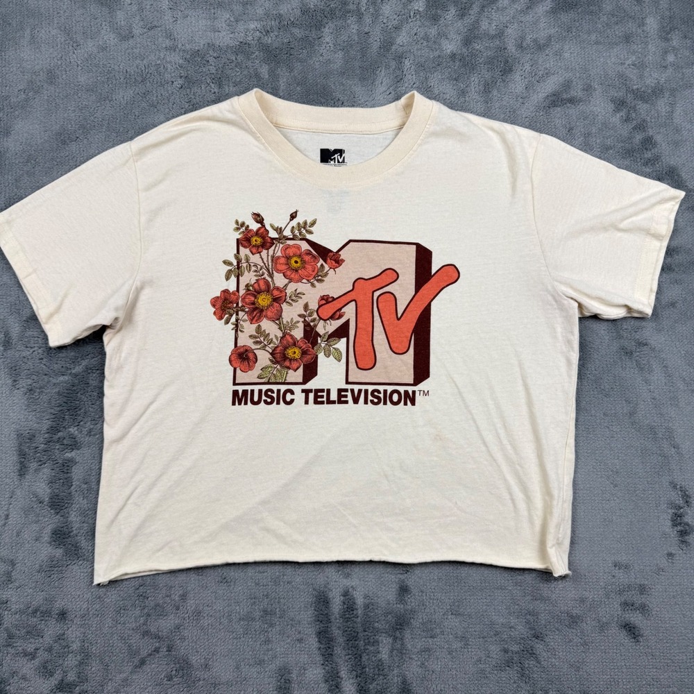 MTV Music Television Floral Graphic Cropped T-Shirt Cream XL Retro 90s Style